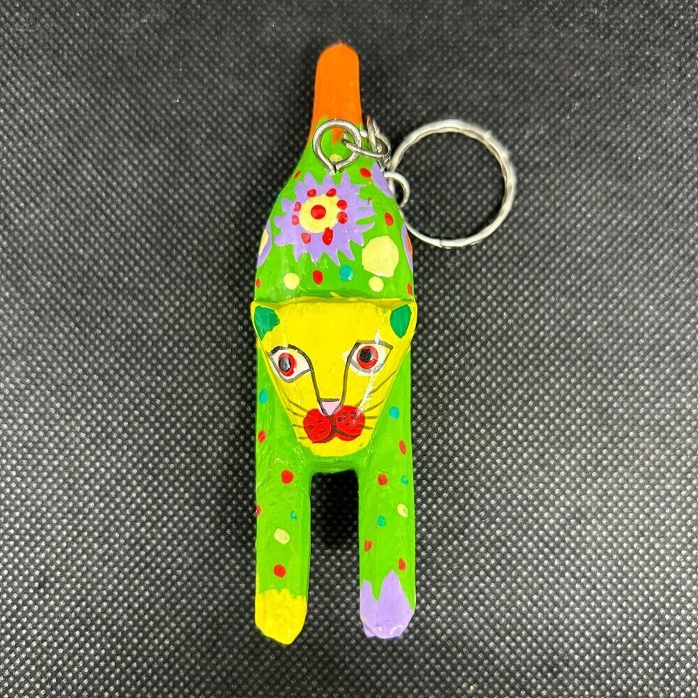 Oaxacan Alebrije wooden carved cat keychain